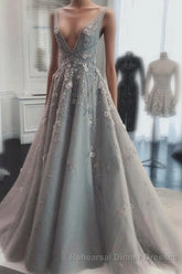 Deep V Neck Sleeveless Semi Formal Prom Dresses Long Party Gown with Appliques